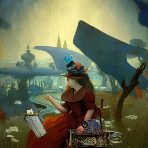 Prompt: alice in wonderland illustrated by johannes vermeer, greg rutkowski, gaston bussiere, van gogh, davinci, and zdzisław beksinski, award - winning, cgsociety contest winner