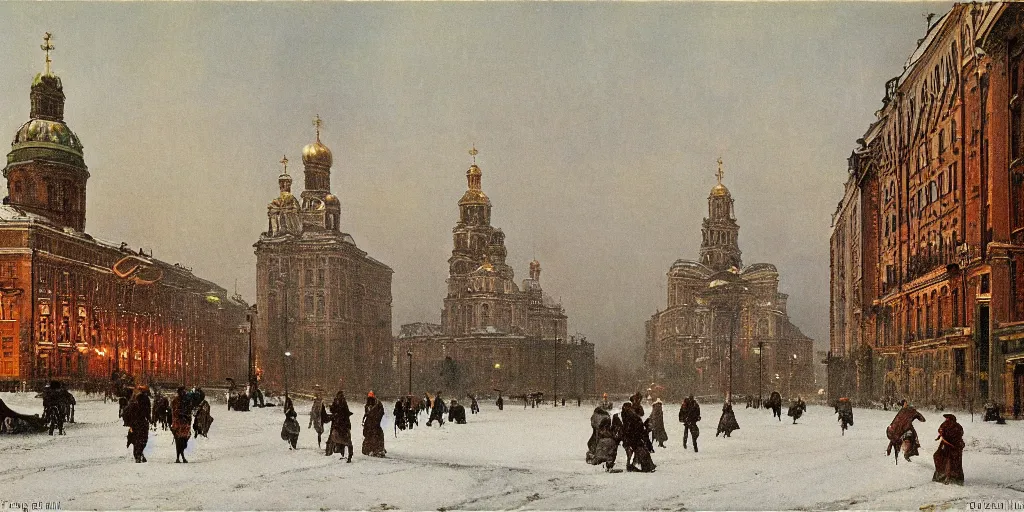 Prompt: Saint Petersburg in 1914 in winter, evening, guarded by a giant steam robot, Rozalski