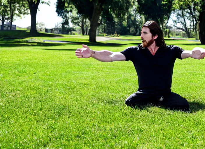 Prompt: photo still of christian bale touching grass, 8 k, sunny day in a park