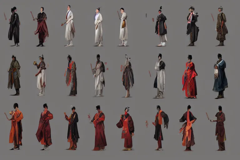 Image similar to Character design sheet of traditional chinese costumes, cinematic lighting, dramatic atmosphere, by Craig Mullins, 4k resolution, trending on artstation