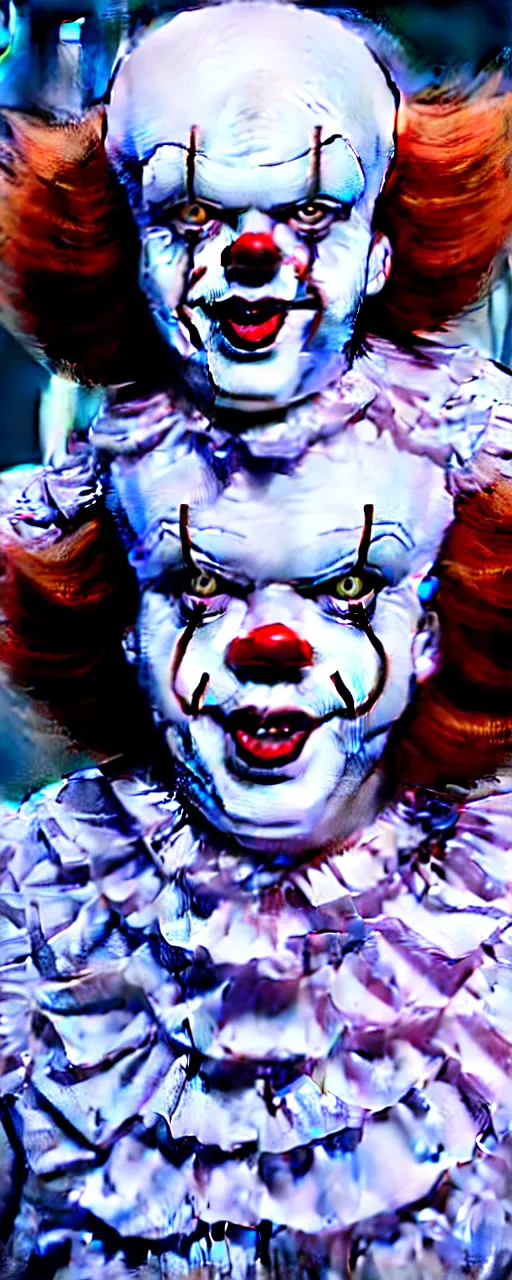 Image similar to a face and body photograph of pennywise dressed as a doctor in a hospital, with a lab coat, with a stethoscope, hyperdetailed, intricate, dramatic, horror movie, movie still, 4 k realistic, volumetric lighting, sharp focus