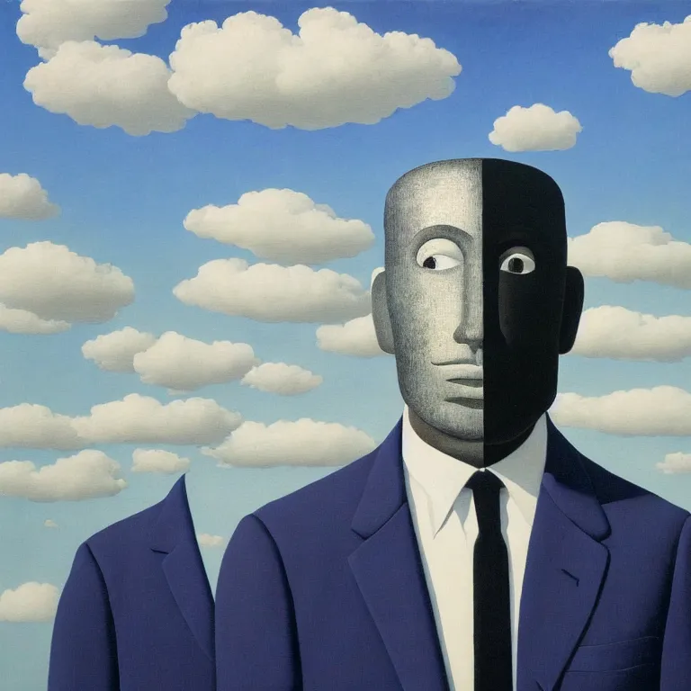 Image similar to portrait of a faceless chrome - head man in a suit, clouds in the background, by rene magritte, detailed painting, distance, centered, hd, hq, high resolution, high detail, 4 k, 8 k