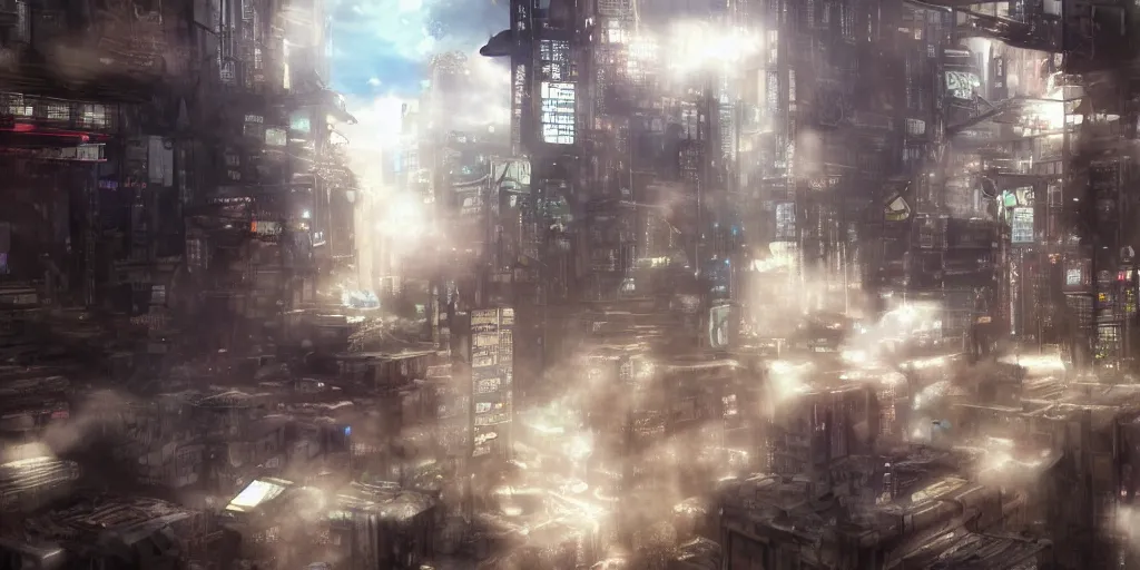 Image similar to wide shot, photorealistic art of lain irakuwa in the clouds above a cyberpunk, punk and steampunk city concept, dynamic lighting, hyper realistic, cinematic, realism