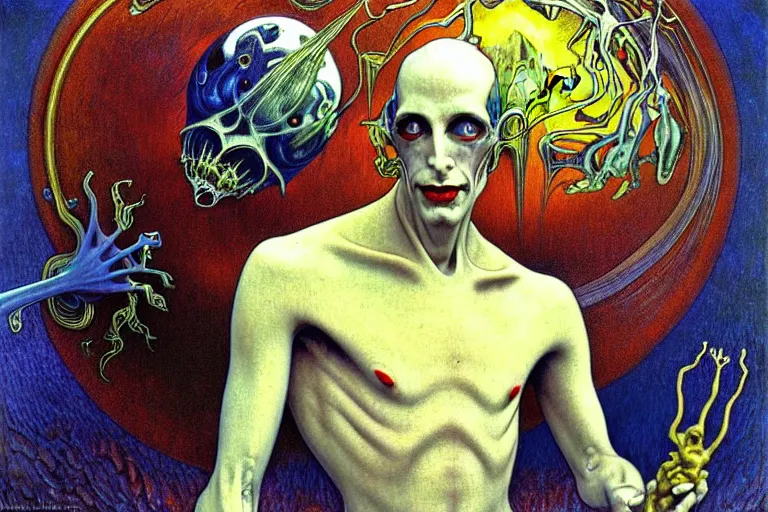 Prompt: realistic extremely detailed portrait painting of an elegantly creepy vampire man dressed as dracula, futuristic sci-fi landscape on background by Jean Delville, Amano, Yves Tanguy, Alphonse Mucha, Ernst Haeckel, Edward Robert Hughes, Roger Dean, rich moody colours, blue eyes