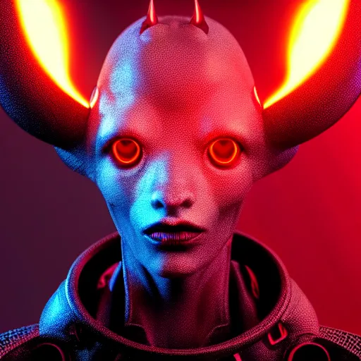 Prompt: portrait of realistic alien with horns. red eyes, human eyes, background flames, sci - fi, tech wear, volumetric lighting, intricate, elegant, highly detailed, digital painting, artstation, concept art, illustration, bokeh, film noir - h 7 0 4