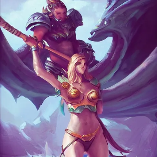 Image similar to triton girl having a great time riding on a goliath's shoulders, dnd concept art, painting by ross tran