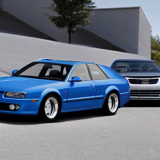 Prompt: A car combination of a Denim Blue Audi A4 B6 Avant (2002) and a Chevrolet Camaro (1969), wider shot