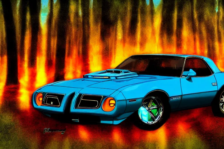 Image similar to pontiac firebird with glowing paint, sunrise, eerie light, fireflies, pokemon, pokemon, dramatic, cinematic, forest, sunbeams, volumetric lighting, wide shot, low angle, lightning hitting the car