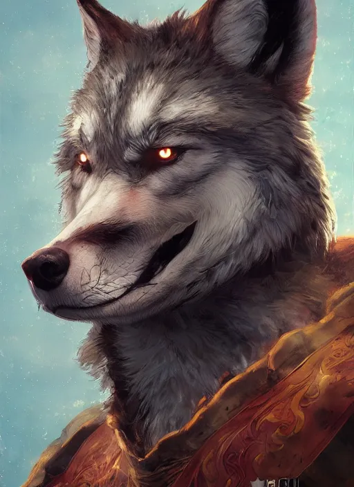 Image similar to wolf - headed superhero, hyper detailed, digital art, trending in artstation, cinematic lighting, studio quality, smooth render, unreal engine 5 rendered, octane rendered, art style by klimt and nixeu and ian sprigger and wlop and krenz cushart.