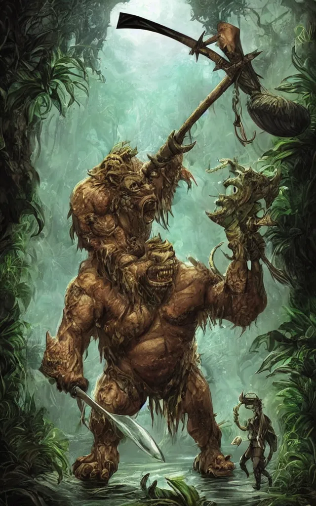 Prompt: giant orc and angler - fish hybrid beast holding an axe : : fantasy style : : jungle scenery