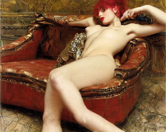 Prompt: Punk girl lying on a leather armchair by Mario Testino, oil painting by Lawrence Alma-Tadema