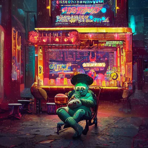 Prompt: beautiful hyperdetailed digital painting of a snowman sitting on a bench outside a futuristic neon cyberpunk ice cream store, cyberpunk city in background, night time, stunning lighting, dreamy, global illumination, octane render, trending on artstation, unreal engine 5, 4 k