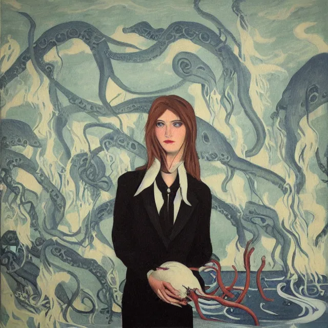 Image similar to tall female emo artist holding an octopus in a flooded cafe, octopus, water gushing from ceiling, painting of flood waters inside a cafe, a river flooding indoors, pomegranates, pigs, ikebana, water, octopus, river, rapids, waterfall, black swans, canoe, berries, acrylic on canvas, surrealist, by magritte and monet