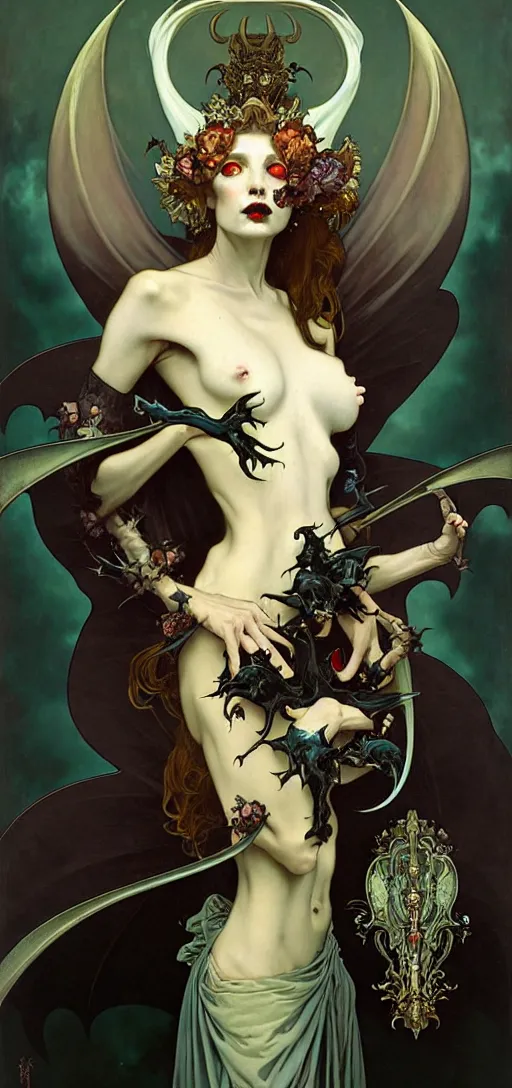 Image similar to baroque oil painting portrait of vampire queen in gothic robes with bat wings, by peter mohrbacher, alphonse mucha, brian froud, yoshitaka amano, kim keever, victo ngai, james jean