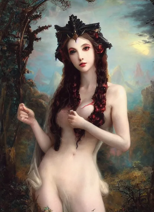 Image similar to Amouranth as an evil princess by Frederick Edwin Church, rule of thirds, seductive look, beautiful, in intergalactic Japan