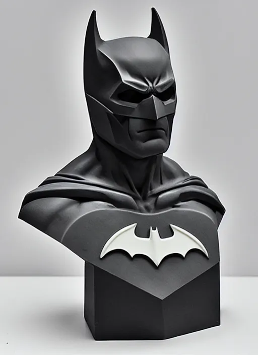 Prompt: an orthographic bust white marble sculpture of batman, studio lighting