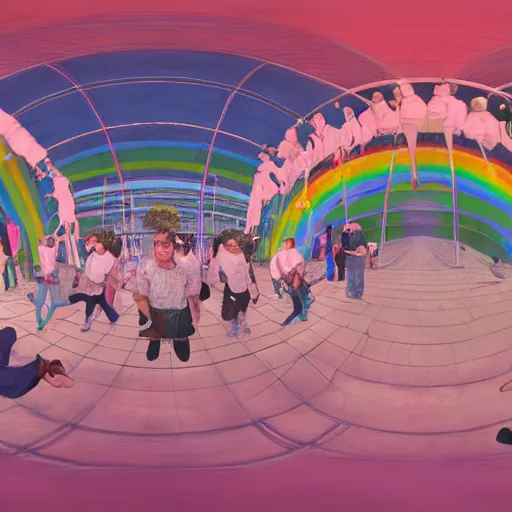 Image similar to A fine art painting of a group of people in a room full of spheres, the people are wearing pale pink clothing and each wearing a Vr headset. Each person is connected to another person by a rainbow that emits from each Vr headset. In the style of Wes Anderson and Biblical paintings