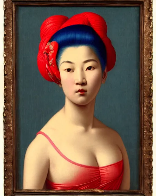 Prompt: photo-realistic portrait of an asian woman with blue hair buns, wearing a neon red dress by Vivienne Westwood, intricate details, masterpiece, in the style of Jean Auguste Dominique Ingres, black background