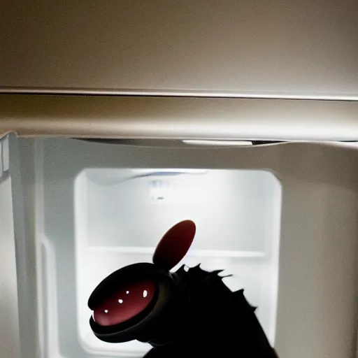 Image similar to candid photo of an alien looking for food in the fridge, cinematic night lighting