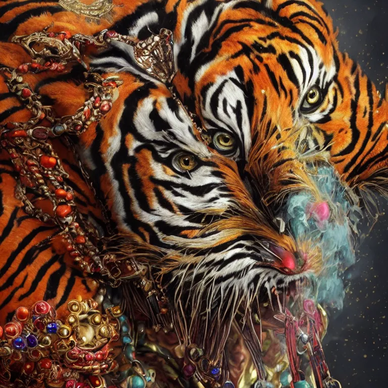 Prompt: masterful fantastic realist painting an exotic ancient feathered and bejeweled bird wearing an exquisitely painted bugaku mask of a tiger, gold chains strung like tinsel, digital painting trending on artstation, viciously blinded, bugaku tiger cosplay, swinging holy censors with thick smoke, volumetric lighting and mist, 3 / 4 portrait painting, hyperrealistic, octane