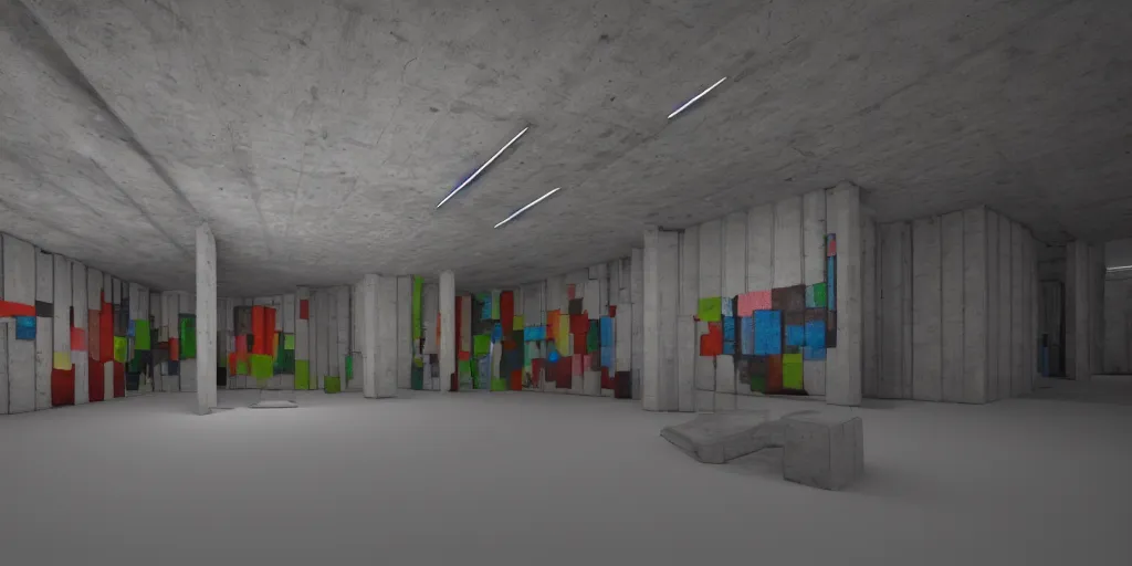 Prompt: coloured 3 d octane model of a brutalism art gallery, highly detailed