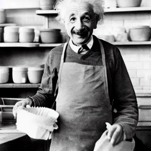 Prompt: albert einstein as a baker smiling in a bakery