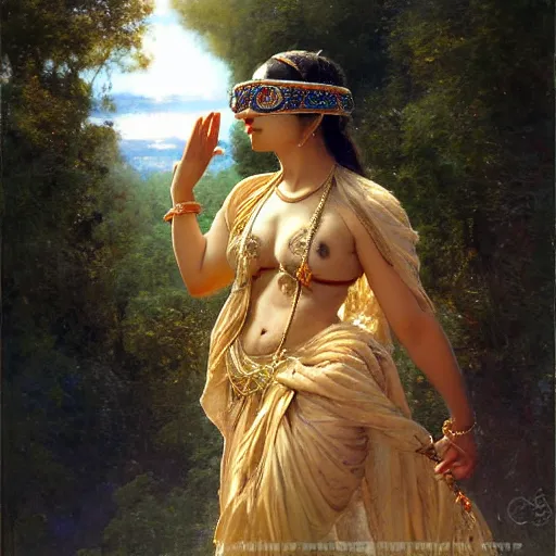 Prompt: detailed full body of hindu traditional woman blindfolded by high - tech vr headset and walking on thin bridge in sky, girl graceful,, painting by gaston bussiere, craig mullins, j. c. leyendecker, lights, art by ernst haeckel, john william godward, hammershøi,,