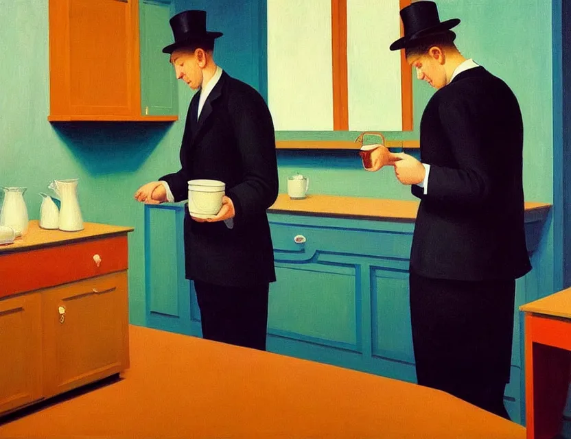 Image similar to a painting of a professor making a study of drinking 1 0 cups of coffee into a droste effect, dark monday mood in a kitchen that is slowly melting, styled and painted by edward hopper and rene magritte