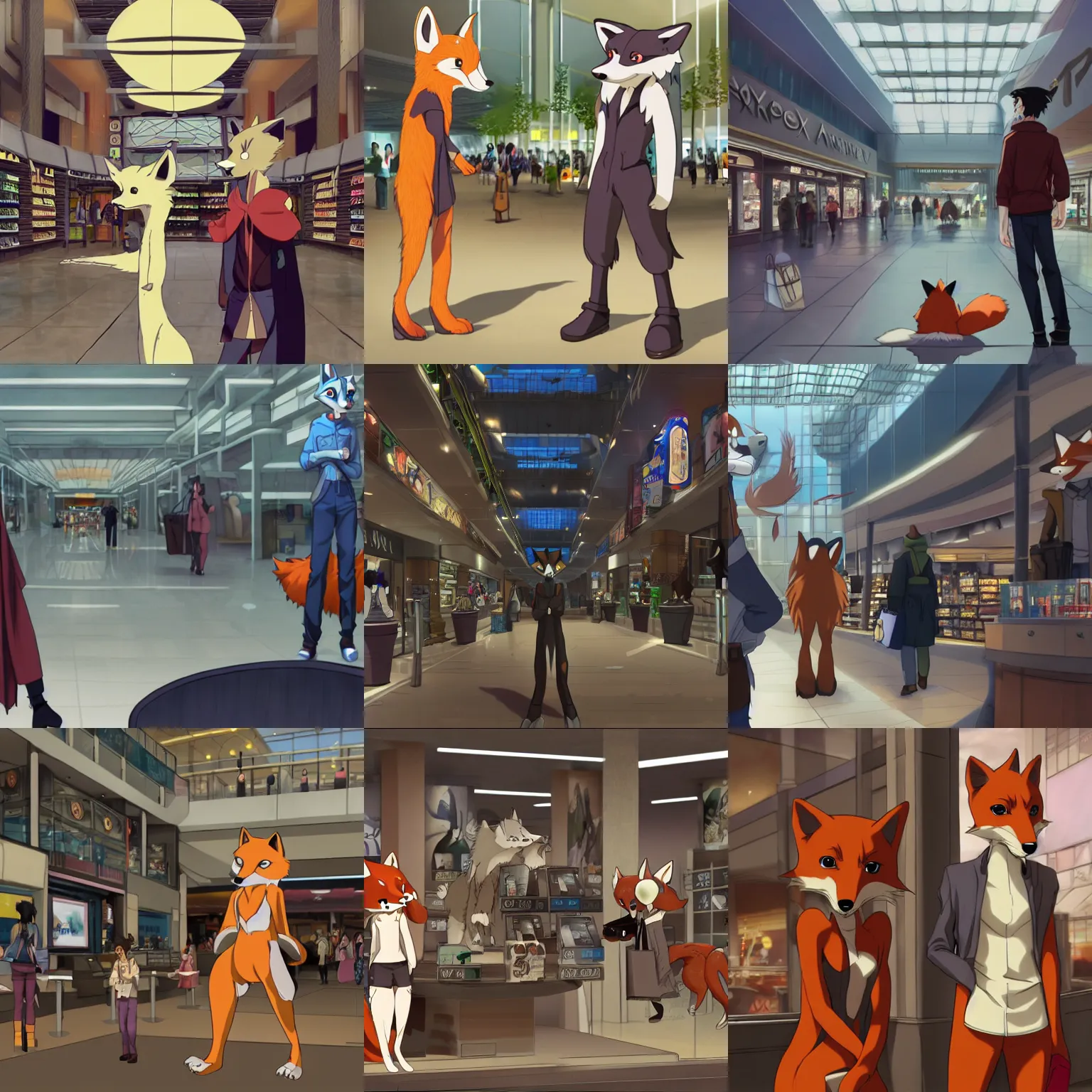 Prompt: an anthropomorphic furry fox shopping at a futuristic mall, photorealistic, anime, makoto shinkai, james gurney, don bluth, hibbary, dark natasha, goldenwolf, furaffinity