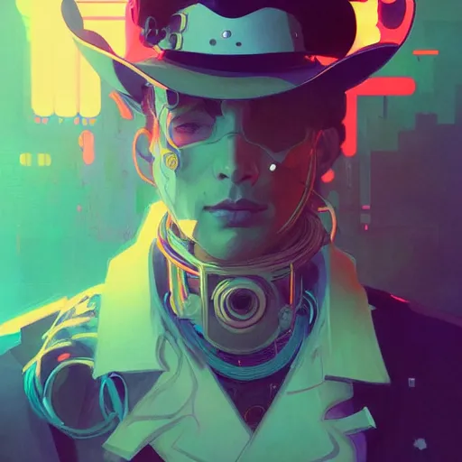 Prompt: a beautiful portrait painting of a cyberpunk cowboy by sachin teng and pascal blanche and alphonse mucha and nekro and josan gonzalez and rhads and ruan jia. in style of digital art. colorful comic, film noirs, symmetry, brush stroke, vibrating colors, hyper detailed. octane render. trending on artstation