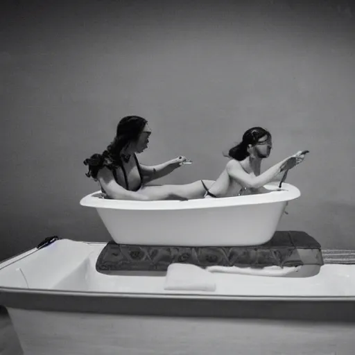 Image similar to a trieme sailing in a bathtub, photography