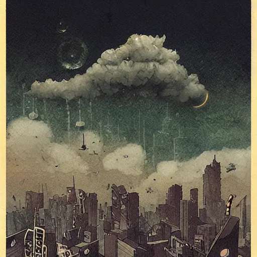 Image similar to A city in the clouds, floating islands, cyberpunk, noir, film noir, detectives, suspense, steam punk, anachronism, art nouveau, neo-noir, by Juan Morey and Santiago Caruso