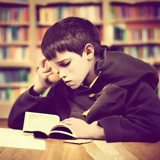 Prompt: dramatic scene of a young student smoking and reading books, very detailed face