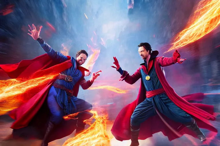 Prompt: Action sequence still of Doctor Strange in the foreground and Scarlet Witch in the background, fighting using magic on a battlefield, Trending on artstation, photorealistic image, photorealistic imagery, 4k, 8k, movie still, action still