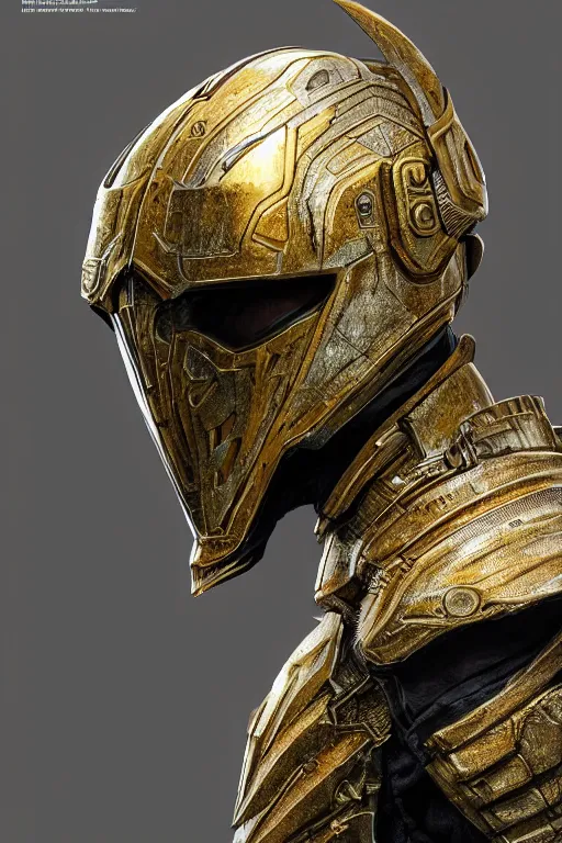 Image similar to realistic render portrait of an intricate armor and helmet, intricate, dystopian toy, sci-fi, extremely detailed, digital painting, sculpted in zbrush, artstation, concept art, smooth, sharp focus, illustration, chiaroscuro lighting, golden ratio, incredible art by artgerm and greg rutkowski and Arsen Asyrankulov and ruan jia