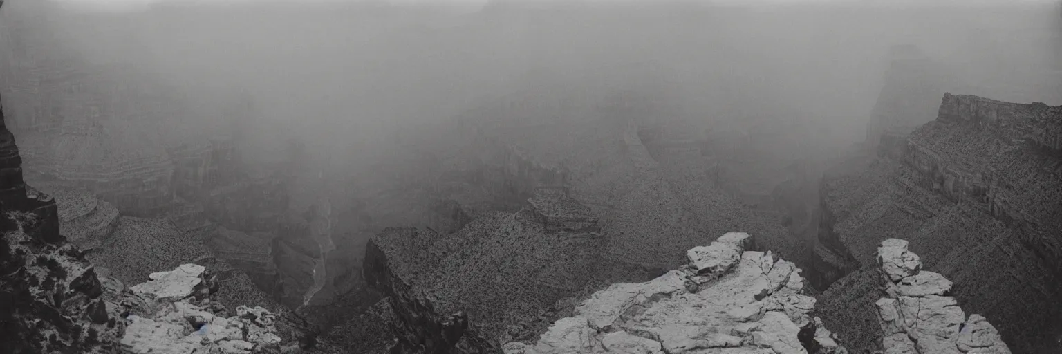 Prompt: the grand canyon made of concrete, looking down, foggy, megalophobia, old polaroid, expired film,