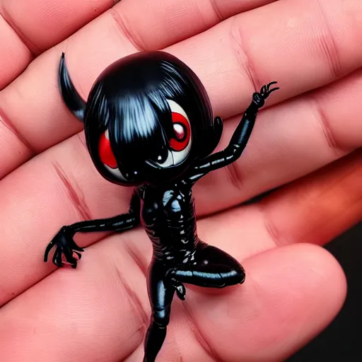 Image similar to lifelike plastic figurine miniature of chibi venom, ultra detailed, kawaii, junji ito, artgerm, blender, scenic background of cardshop