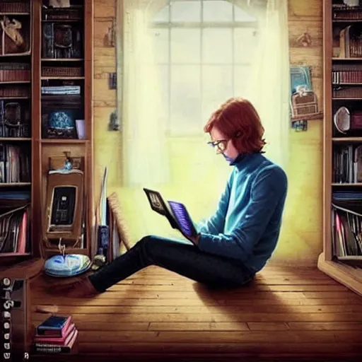 Image similar to a skinny computer nerd guy sitting on the floor of his room, crossed legs, laptop, smartphone, video games, tv, books, potions, jars, shelves, knick knacks, tranquil, calm, sparkles in the air, magic aesthetic, fantasy aesthetic, colorful, whimsical aesthetic, by stanely artgerm, tom bagshaw, arthur adams, cane griffiths, trending on deviantart, street art, face enhance, chillwave, maximalist