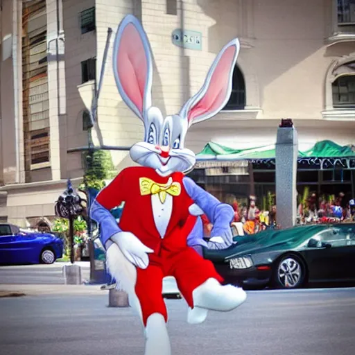 Image similar to bugs bunny 2040s street performer