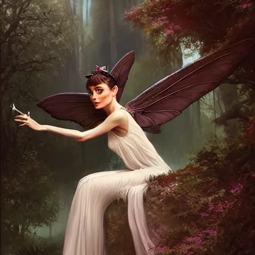 Prompt: audrey hepburn as a winged fairy in a fantasy forest, various backgrounds, highly detailed, digital painting, artstation, matte, illustration, art by artgerm, greg rutkowski, tom bagshaw