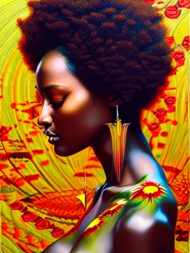 Image similar to a portrait of ethiopian supermodel with a floral background by karol bak, artgerm, moebius, yoji shinkawa : : portrait, illustration, photorealism, hyperrealism
