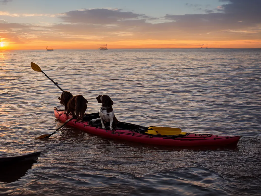 Prompt: a brown springer spaniel stood in a kayak, wearing a sea captains hat, sunrise, beautiful early morning light, golden hour, seaside