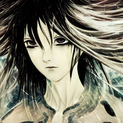 Image similar to Yoshitaka Amano blurred and dreamy illustration of an anime girl with black eyes, wavy white hair and cracks on her face wearing elden ring armour with the cape fluttering in the wind, abstract black and white patterns on the background, noisy film grain effect, highly detailed, Renaissance oil painting, weird portrait angle