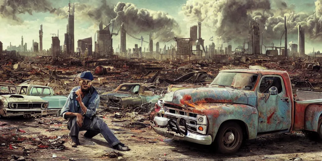 Prompt: 1970s photography of a truck driver wearing a cap sitting on an folding chair next to his colorful truck in a apocalyptic wasteland, tornado and apocalyptic city in the background, detailed intricate insanely detailed octane render, 8k artistic photography, photorealistic, chiaroscuro, hd, by David Cronenberg, Raphael, Caravaggio