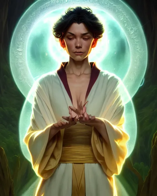 Prompt: a robed magical apprentice air bending, fantasy character portrait, woodland river, ultra realistic, intricate, elegant, highly detailed, digital painting, artstation, smooth, sharp, focus, illustration, art by artgerm and greg rutkowski and alphonse mucha