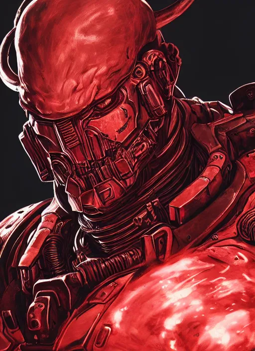 Prompt: close up portrait of the doom slayer, red backlight, powerful, domineering, stoic, masterful, intense, ultrafine hyperdetailed illustration by kim jung gi, irakli nadar, intricate linework, sharp focus, octopath traveler, yoji shinkawa, highly rendered, detailed, concept art