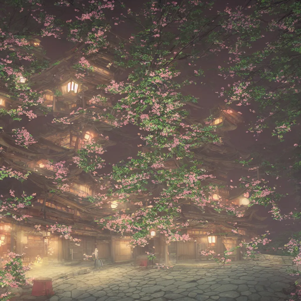 Image similar to Japanese bath house at night (Spirited Away), cherry blossom petals, highly detailed, 3D render, digital art, artstation, 8K photography, matte photo-realistic, vivid colors, moody cool temperature, by Hayao Ghibli Miyazaki!!!, breath of the wild style