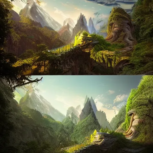 Image similar to A beautiful hyper realistic detailed matte painting of a dragon shaped temple nestled in forest mountains by John Howe and Albert Bierstadt and Alena Aenami and dan mumford and dave noton, unreal engine, trending on behance