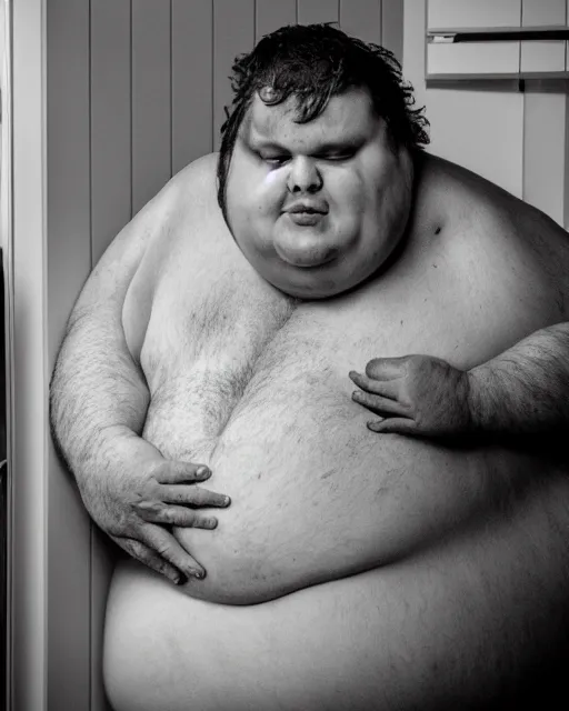 Prompt: Studio Photograph of a real life Super morbidly obese 800 pound American adult man trying to get into a refrigerator in the Style of Annie Leibovitz,