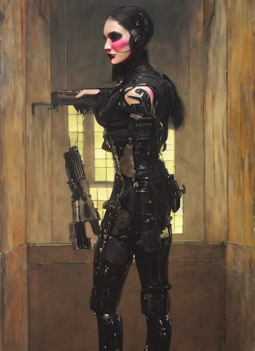 Prompt: Sgt Eliza Grim. Menacing Cyberpunk policewoman towering with robotic stilt legs and combat vest. (dystopian, police state, Cyberpunk 2077, bladerunner 2049). Iranian orientalist portrait by john william waterhouse and Edwin Longsden Long and Theodore Ralli and Nasreddine Dinet, oil on canvas. Cinematic, vivid colors, hyper realism, realistic proportions, dramatic lighting, high detail 4k